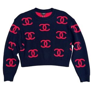 Chanel 21P Navy Blue Pink CC Logo LongSleeve Cashmere Jumper Pullover Sweater 34